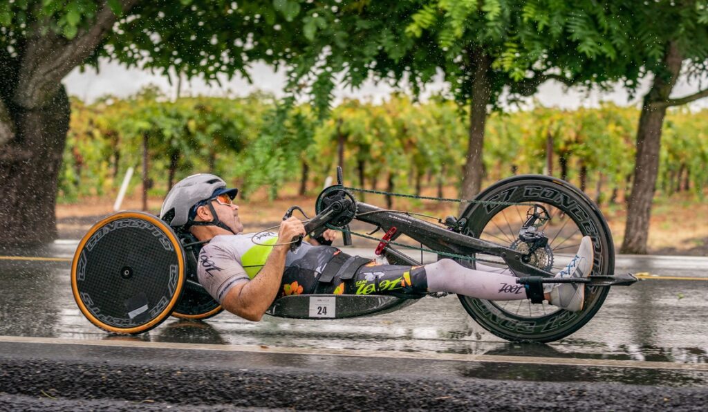 IRONMAN California handcycle in the rain